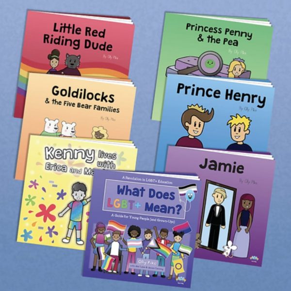 Seven pop n olly book covers in rainbow covers overlain.