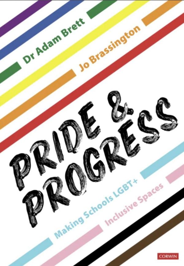 A book cover with rainbow stripes. The title is Pride & Progress