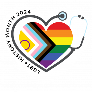 LGBT+ History Month 2024 badge design. A heart containing the progress pride flag, a stethoscope wraps around it.
