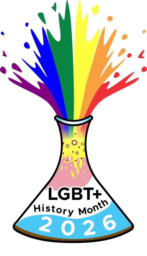 The LGBT+ Hisstory Month UK pin design - an eruption of rainbow colours from a conical flask containing pink, white, blue, and brown fluids. At the top the flask is fizzing yellow with purple bubbles. The overall effect reflects the colours of the intersex-inclusive Progress Pride Flag.