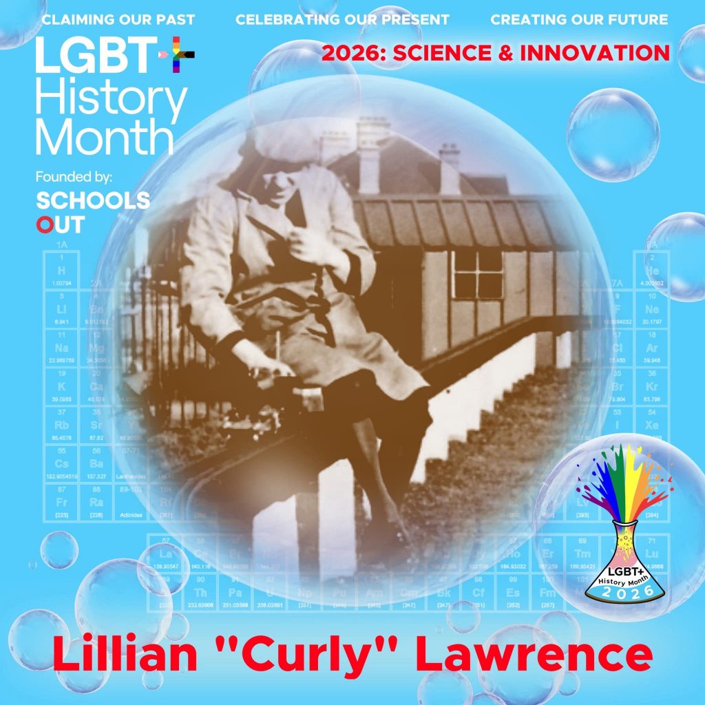A sepia photo of Lillian "Curly" Lawrence sitting on a raised miniature rail track, inside a translucent bubble against a blue background with faint periodic table elements. A bubble to the lower right contains the LGBT+ History Month UK pin badge design for the 2026 theme science & innovation. Text reads “Claiming Our Past, Celebrating Our Present, Creating Our Future,” “Founded by Schools OUT,” and “Lillian 'Curly' Lawrence” with an LGBT+ History Month 2026 logo in the corner.